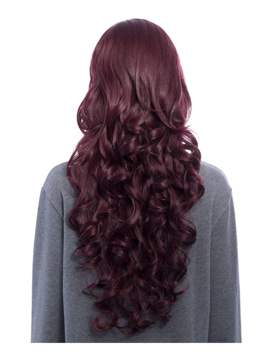 Curly Full Head Wig Black and Burgundy from behind, full length view.