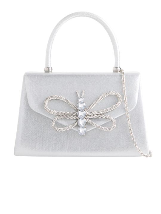 Silver Satin Diamante Butterfly Mini Tote Bag