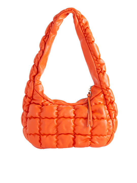 Orange Faux Leather Puffer Shoulder Bag